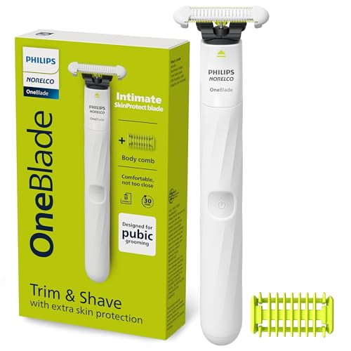Philips Norelco OneBlade Tondeuse et Tondeuse Unisexe pour le Corps Pubien et Personnel, QP1924/70, avec Manche Blanc et Lame de protection de la Peau Double Face pour Zones Sensibles. Comprend un Peigne Corporel Détachable de 3 mm pour Tailler et Coiffer. l'Emballage Met l'Accent sur des Caractéristiques comme un design Imperméable, une protection Supplémentaire de la Peau et 30 minutes d'Utilisation Sans Fil. Idéal pour Toiletter les Aisselles et les Régions Pubiennes.