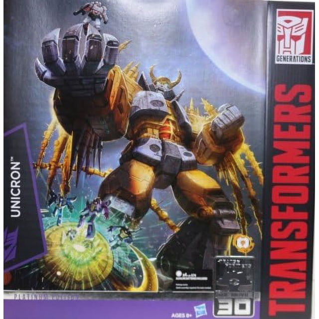 Hasbro Transformer Robot Platinum Edition UNICRON Collection Figure, a multicolour action figure featuring the iconic Unicron character from the Transformers series. The packaging showcases a dynamic illustration of Unicron in a galactic setting, with intricate details of his robotic design and planetary elements. Suitable for ages 8 and up, the package dimensions are 38 x 15 x 39 cm and it weighs 2.3 kg. Brand new and sealed.