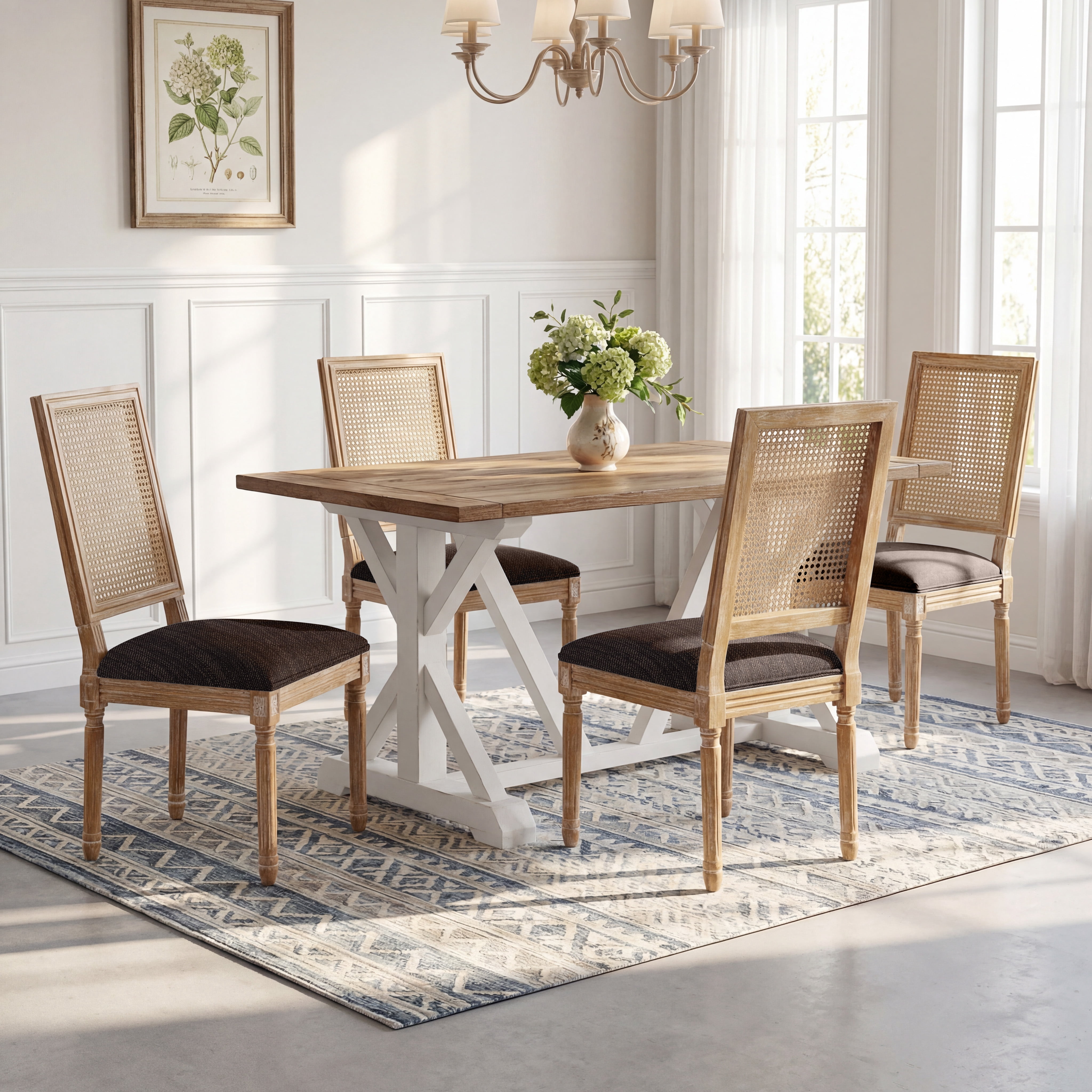 Noble House French Country Dining Chair Set of 2,Rectangular Cane Backrest,Brown