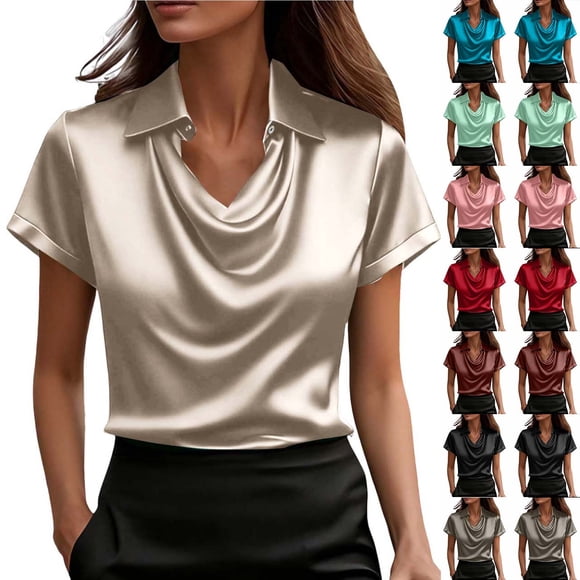 Pisexur Womens Blouses Classic Satin Silk Cowl Neck Short Sleeves Tops for Women Casual Business Blouses for Women Office Work Ladies Top Comfortable Solid Color Going Out Tops S-2XL Black