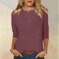 thumbnail image 2 of Yuyuzo Womens 3/4 Sleeve Tops Basic Button Crew Neck Solid Color Loose Fitted Tunics Tee Blouses, 2 of 5