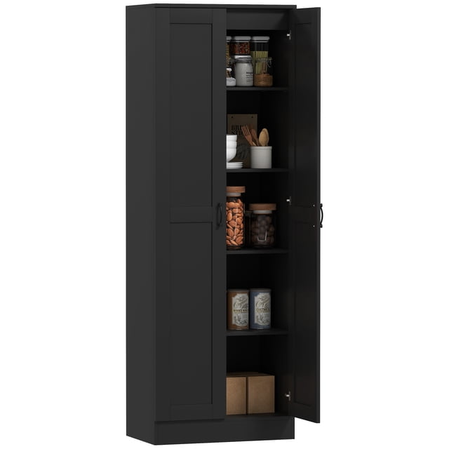 HOMCOM Armoire de Rangement à 5 Niveaux avec Tablettes, Armoire de Garde-Manger de Cuisine, Noir. Cette Armoire Haute et Élégante Noire Présente Cinq Tablettes Ajustables derrière Deux Portes à Fermeture en Douceur, Offrant un Rangement Polyvalent pour les Essentiels de Cuisine, Articles de Garde-Manger Ou Autres Effets. Fabriquée en Panneau de Particules Enduit de Mélamine pour un Entretien Facile, Elle Comprend un Dispositif Anti-Basculement pour une Sécurité Accrue. Dimensions : 23,6 Pouces de Large, 14,4 Pouces de Profondeur et 68,9 Pouces de Hauteur. Idéale pour Organiser les Cuisines