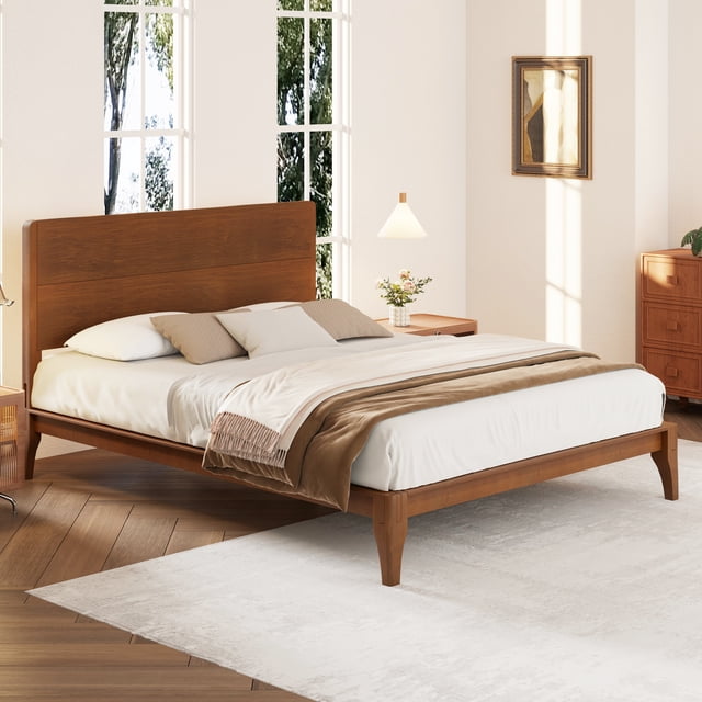 MODERNLUXE Queen Size Bamboo Platform Bed, Mid-Century Bed Frame with Tall Headboard and Wood Slat Support, No Box Spring Needed, Easy Assembly, Brown