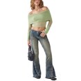 thumbnail image 2 of Fortune Women Off Shoulder Sweater Mesh Knit Cropped Pullover Solid Color Long Sleeve Slim Fit Crop Top, 2 of 7