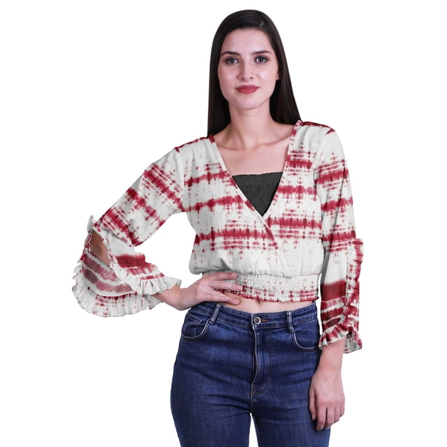 Moomaya Printed Womens Crop Top Wrap Style Top Wear Ruffle Long Sleeve Casual Summer Blouse