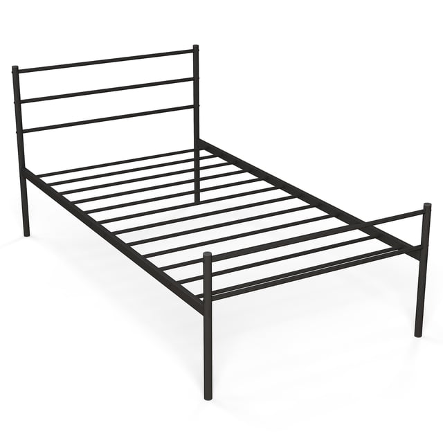 Costway Twin Metal Bed Frame Mattress Foundation No Box Spring Needed, a black metal platform bed with 12 slats for stability and a weight capacity of 490 lbs. Features a headboard and footboard for comfort and mattress support. Elevated 13.5 inches for under-bed storage. Includes anti-slip foot pads to protect floors. Easy assembly with no box spring required.