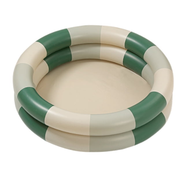 Inflatable Kiddie Pools by Biinggo, featuring a round design with alternating green and beige vinyl rings. Suitable for kids aged 3 and up, this pool can be used for water fun, as a ball pit, or even as a sandbox. Designed for both indoor and outdoor use, it is easy to inflate and deflate with separate valves. Durable and child-safe, it offers a versatile option for summer activities or as a pet house.