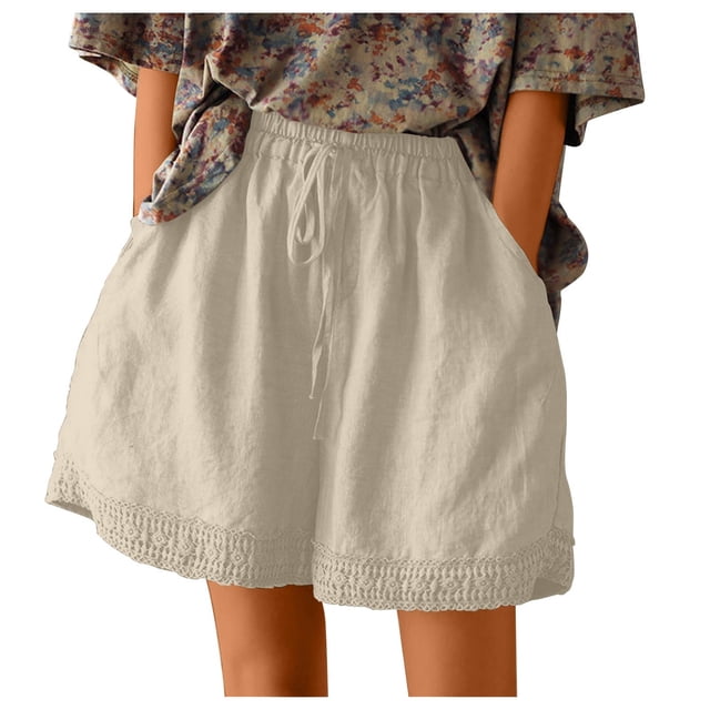 Timegard Womens Plus Size Shorts Cotton Linen Elastic High Waisted Wide Leg Lounge Shorts with Pockets. These beige summer casual shorts feature a loose fit with an elastic waistband and drawstring for comfort. Made from a breathable polyester-spandex blend, they include side pockets and delicate lace trim at the hem. Perfect for plus-size women seeking stylish and comfortable lounge or casual wear.