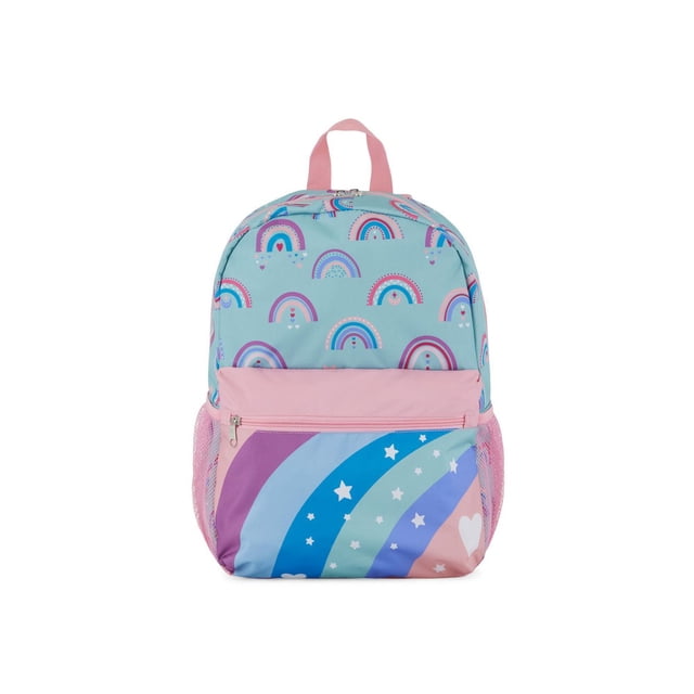 Bondstreet Backpack for girls with main compartment made of durable 300D polyester, featuring a pastel blue body with pink and purple rainbow and heart patterns, a front zippered pocket with multicolored rainbow and star design, pink mesh side pockets, padded back, adjustable shoulder straps, and a pink top handle, ideal for school and everyday use.