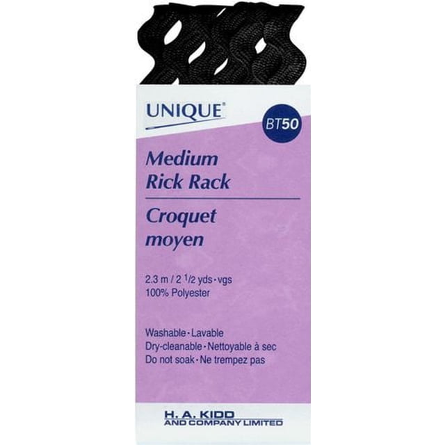 UNIQUE Medium Rick Rack decorative trimming in black 6mm polyester, 2.3m long, shown with packaging label stating washable and dry-cleanable care. Suitable for sewing, craft embellishments, and adding textured detail to apparel or home décor.