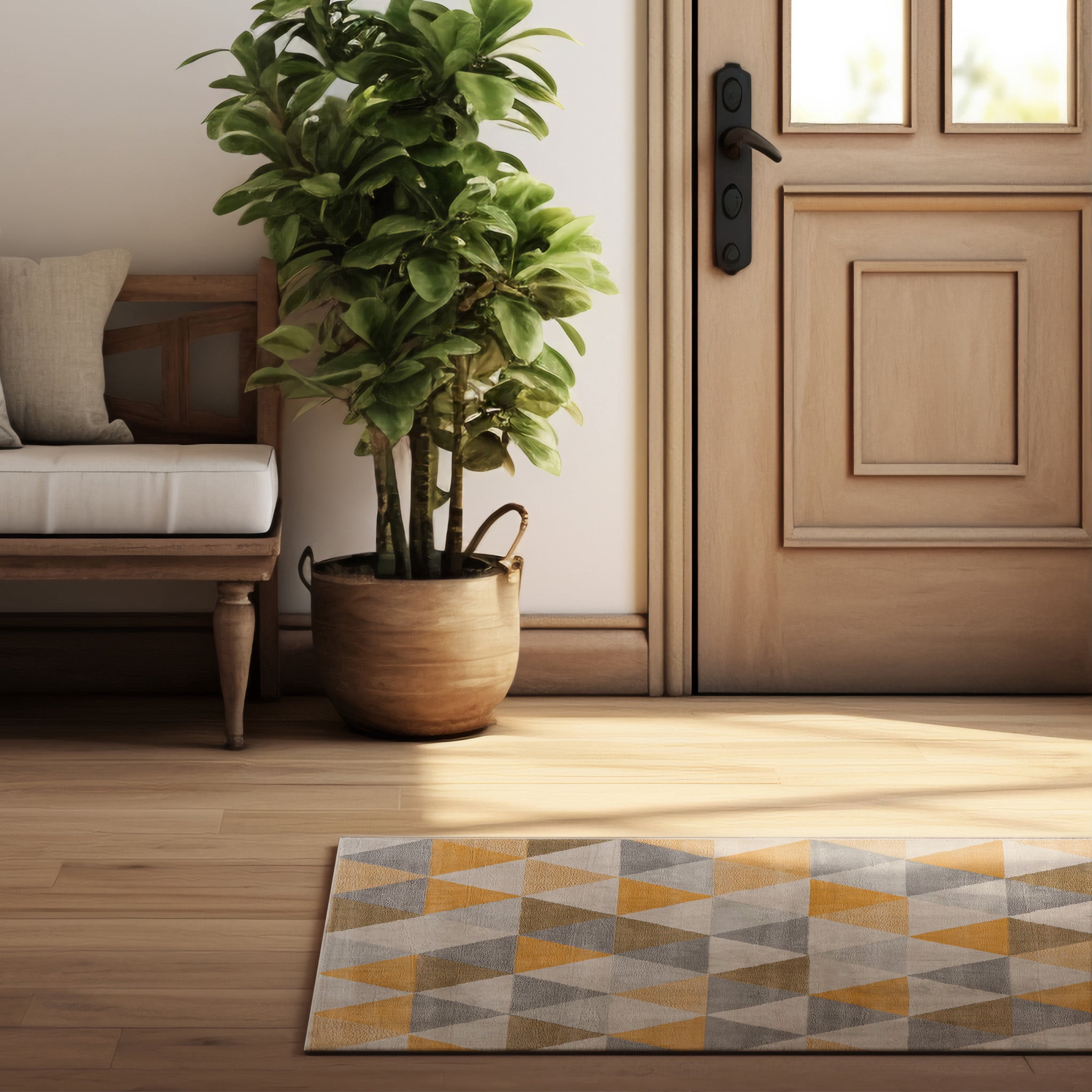 Tapis Branch Savannah 2' x 9' (Taille exacte : 2'3" 9') de couloir moderne du milieu siècle, jaune beige, géométrique pour entrée, couloir, salle bain et cuisine