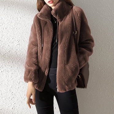HWRETIE Women's Fleece Jacket Stand Collar Zip Up Sweatshirt Thick Warm Cardigan Coat Long Sleeve Casual Outerwear For Fall Winter Everyday Wear