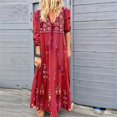 thumbnail image 2 of Women Plus Size V Neck Print Lace Up Long Sleeve Boho Dress Party Maxi Dress, 2 of 6