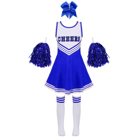 Aislor Robe de Pom-Pom Girl pour Filles Enfants avec Pompons Ensemble Chaussettes Tenue de Performance Tenue de Danse Costumes de Cheerleading Bleu E 130