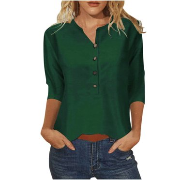 WTXUE T-Shirts à Manches 3/4, Chandails à Col Rond pour Femmes, T-Shirt Décontracté à Col en V Ample en Coton Uni, Hauts Décontractés pour Femmes Green M