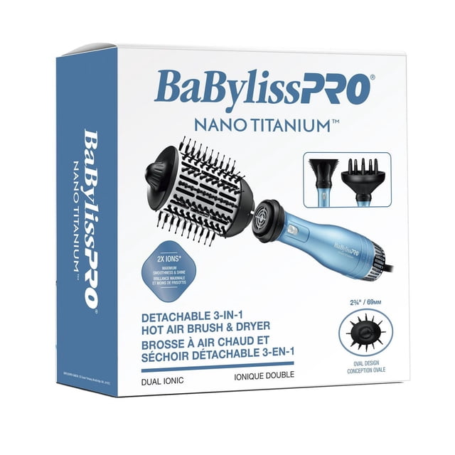 Brosse à Air Chaud 3-en-1 Détachable en Nano-Titane avec Manche Bleu et Brosse Ronde Détachable de 23⁄4 Po avec Poils de Sanglier et nylon, Affichée sur Sa Boîte Blanche BaBylissPRO Montrant la Technologie Ionique Double et Trois Accessoires Incluant une Buse Concentratrice et un Diffuseur pour une Coiffure et un Séchage Polyvalents.