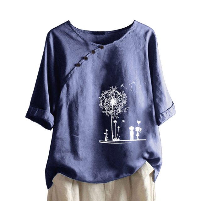 CHUANK Hauts pour Femmes en Liquidation à Moins de 10$ Hauts pour Femmes Décontractés Printemps Été Manches Longues Coton Lin Imprimé Graphique Pissenlit Col Rond Blouses Vintage Grande Taille
