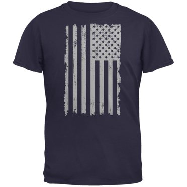 Distressed Grey Vertical American Flag Navy Adult T-Shirt