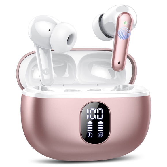 Écouteurs Sans Fil 50 H de Lecture Affichage de l'Alimentation à DEL Écouteurs avec Étui de Recharge Sans Fil Écouteurs IPX7 Étanches Écouteurs Intra-Auriculaires avec Micro Compatibles pour iPhone Android Rose Rose