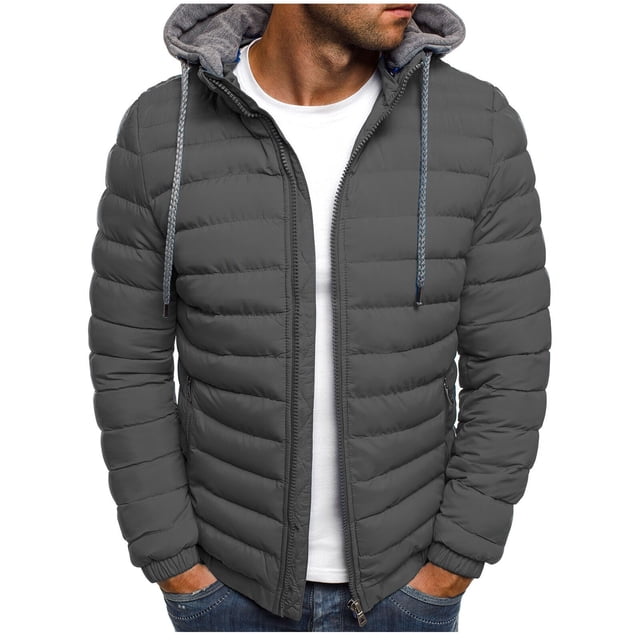 RKSTN Mens Down Jacket Solid Color Drawsting Hooded Jacket Winter Fashion Cotton Padded Jacket Warm Windproof Lightweight Puffer Jacket