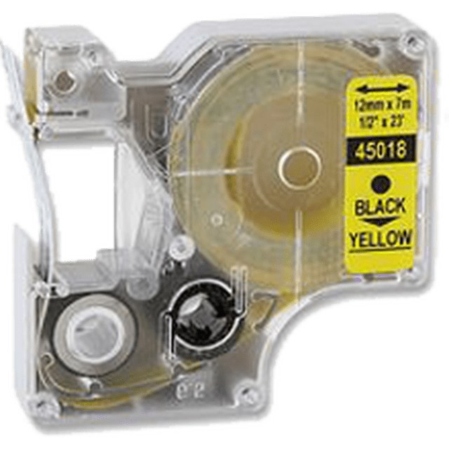 Zoomtoner Compatible for Dymo LabelPOINT 350 DYMO 45018 label maker tape in black on yellow, housed in a clear plastic cartridge with visible tape roll and labeling details. Ideal for office and school labeling tasks.