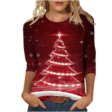 Women Plus Size Merry Christmas Shirt Ugly Glitter Xams Tree Holiday T-Shirt Oversized 3/4 Sleeve Raglan Tee Shirts