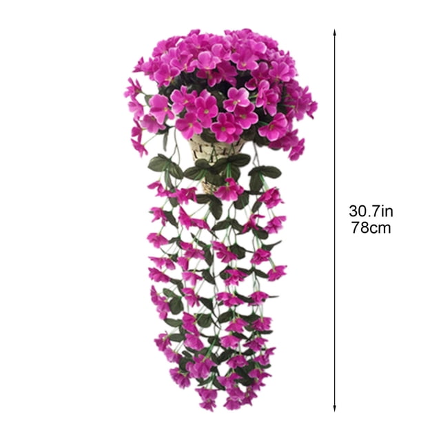 Artificial Flower Wall Decor Hanging Basket with Hand-Dyed Simulated Violets and PE Rattan Vine 0.9 m