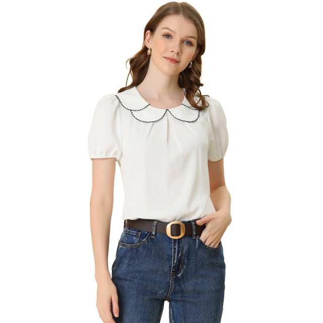INSPIRE CHIC Blouse Haut à Col Peter Pan Décontracté d'Été Rétro à Manches Bouffantes pour Femme TG Blanc