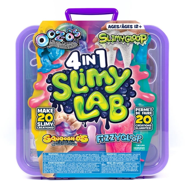 4-in-1 SLIMY Lab boxed slime kit and science kit, centered front-facing view of the open 2-in-1 workstation/storage showing a clear plastic beaker, funnel, 4 fl. oz. white glue bottle, 8-color acrylic paint strip, glitter pots, glow-in-the-dark powder and a packet of fake snow, arranged to display included tools and compounds; often used for hands-on STEM demos and sensory play.