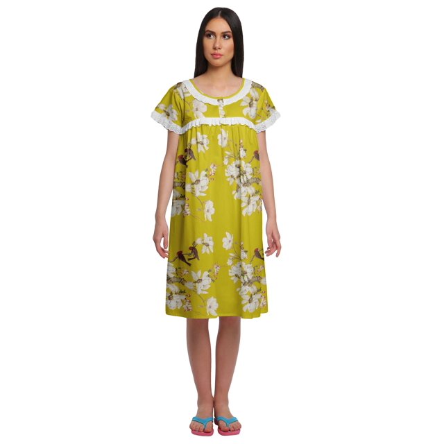 Moomaya Short Sleeve Nightdress For Ladies Printed Button Placket Nightwear