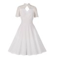 thumbnail image 1 of QUYUON Robe Blanche de Collation des Grades pour Femme Élégante Formelle à Col Rond en Dentelle Florale à Manches Courtes Robe de Cocktail devant Ajouré Soirée Fête Invitée de Mariage Robe Évasée Ligne A, Blanc G, 1 of 9