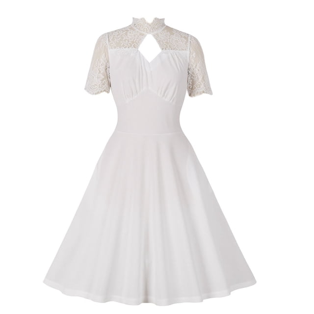 QUYUON Robe Blanche de Collation des Grades pour Femme Élégante Formelle à Col Rond en Dentelle Florale à Manches Courtes Robe de Cocktail devant Ajouré Soirée Fête Invitée de Mariage Robe Évasée Ligne A, Blanc G