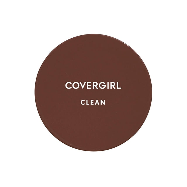 COVERGIRL Clean pressed powder compact in a round matte brown case with white text, designed for normal skin to reduce visible pores and provide a natural, shine-free finish. Can be worn alone or over matching COVERGIRL Clean foundation.