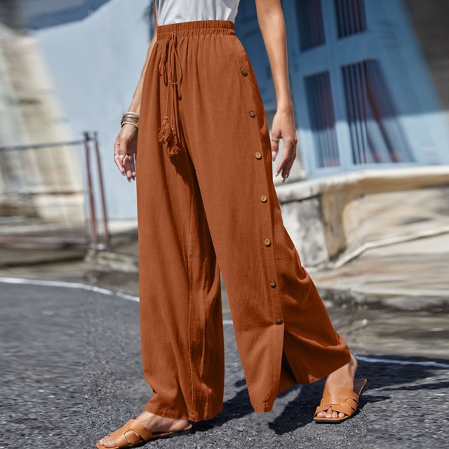 Jsaierl Side Split Palazzo Pants for Women Elastic Waisted Drawstring Lounge Linen Pants Solis Color Flowy Beach Vacation Trousers