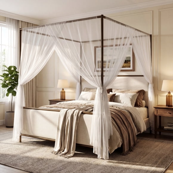 Noble House Queen Size Modern Canopy Bed Frame,Linen Upholstered Headboard & Sturdy Metal 4-Poster Iron Legs,Beige + Bronze