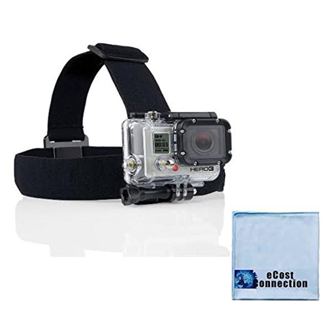 Head Strap Mount for GoPro HERO1, HERO2, HERO3, HERO3+, HERO4, HERO4 Session, HERO5 Cameras + an eCostConnection Microfiber Cloth Head Strap Mount, one-size-fits-all and fully adjustable, front-facing view of a nylon head strap with plastic quick-release mounting base and adjustable buckles; compatible with all GoPro HERO cameras, includes microfiber cloth, camera not included. Suitable for hands-free POV recording during hiking or travel.