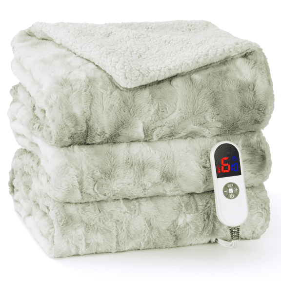 MARNUR Couverture Chauffante Format Double, 72"x84 Pouces Couverture Électrique Double avec Fausse Fourrure et Sherpa, Couverture Chauffante avec 6 Niveaux de Chaleur, Minuterie 10 H, Écran DEL, Lavable à la Machine, Teinture sur Nœuds Vert