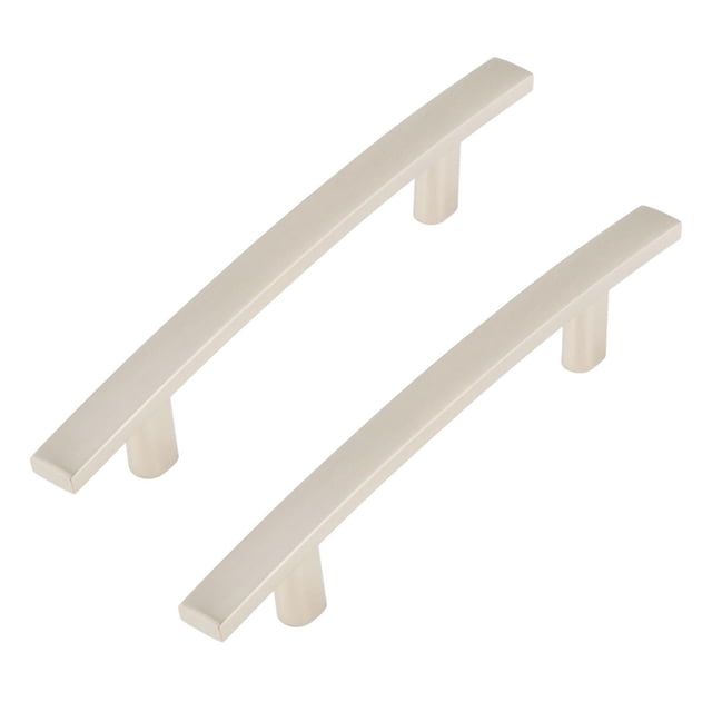Era Arched Pull 2 Pack Satin Nickel featuring two metal cabinet pulls with a satin nickel finish and gentle arch design, each 5.90 inches long, suitable for kitchen or bathroom cabinets and furniture hardware, often used to update cabinet aesthetics.