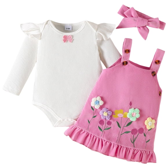 Ymyiu Going Home Outfit Baby Girl Casual Baby Girl 3-Piece Outfit Set: Soft Infant Romper + Adorable Toddler Skirt + Cute Headband (Hot Pink,9-12 Months)