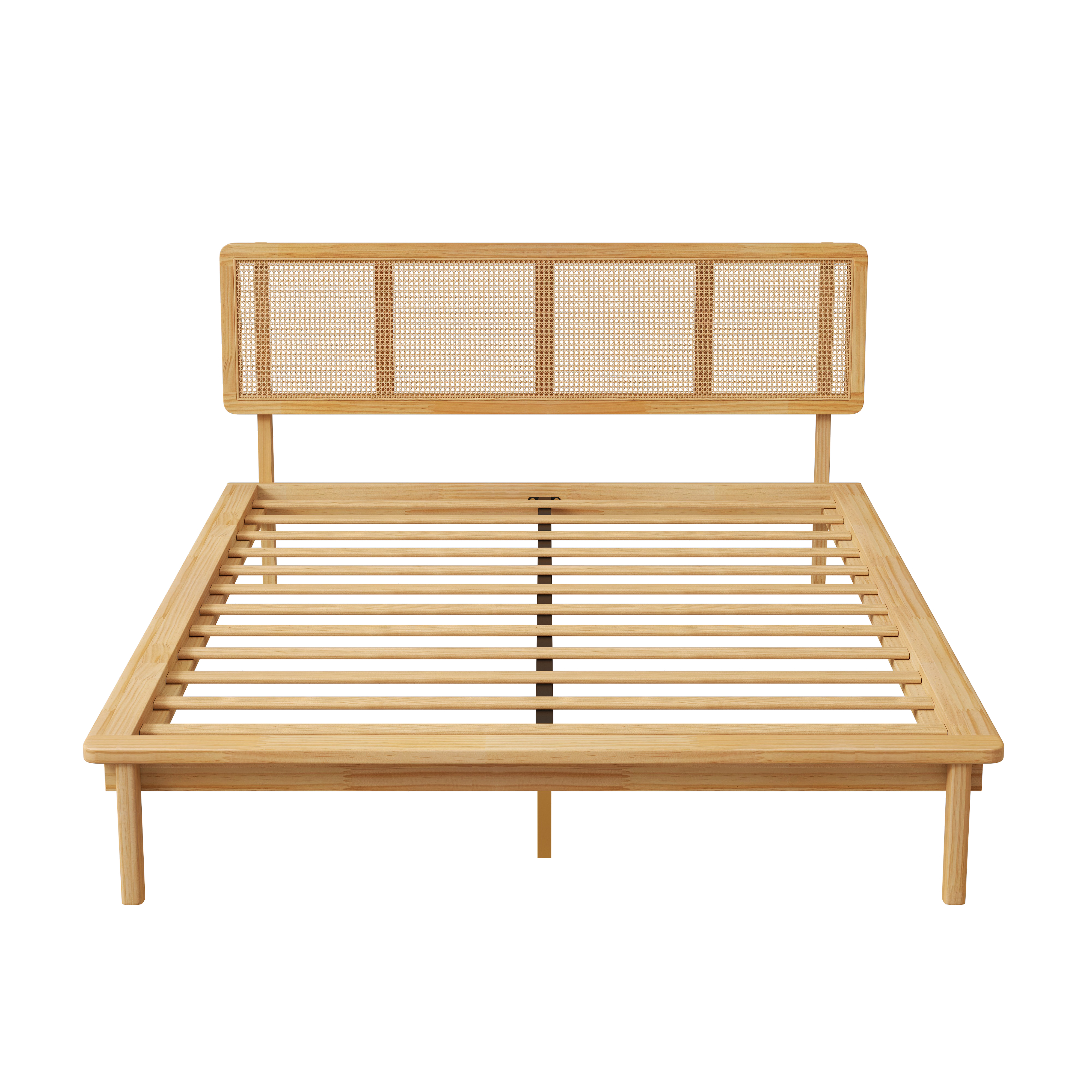 Noble House Modern Rattan Platform Bed,Cane Headboard & Footboard with Natural Woven Panels,Mid-Century Bed Frame,Walnut