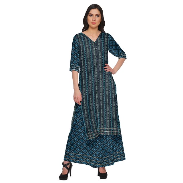 Moomaya Ensemble Kurta à Col en V Imprimé et Pantalon Palazzo Tenue Ethnique Robe pour Femmes
