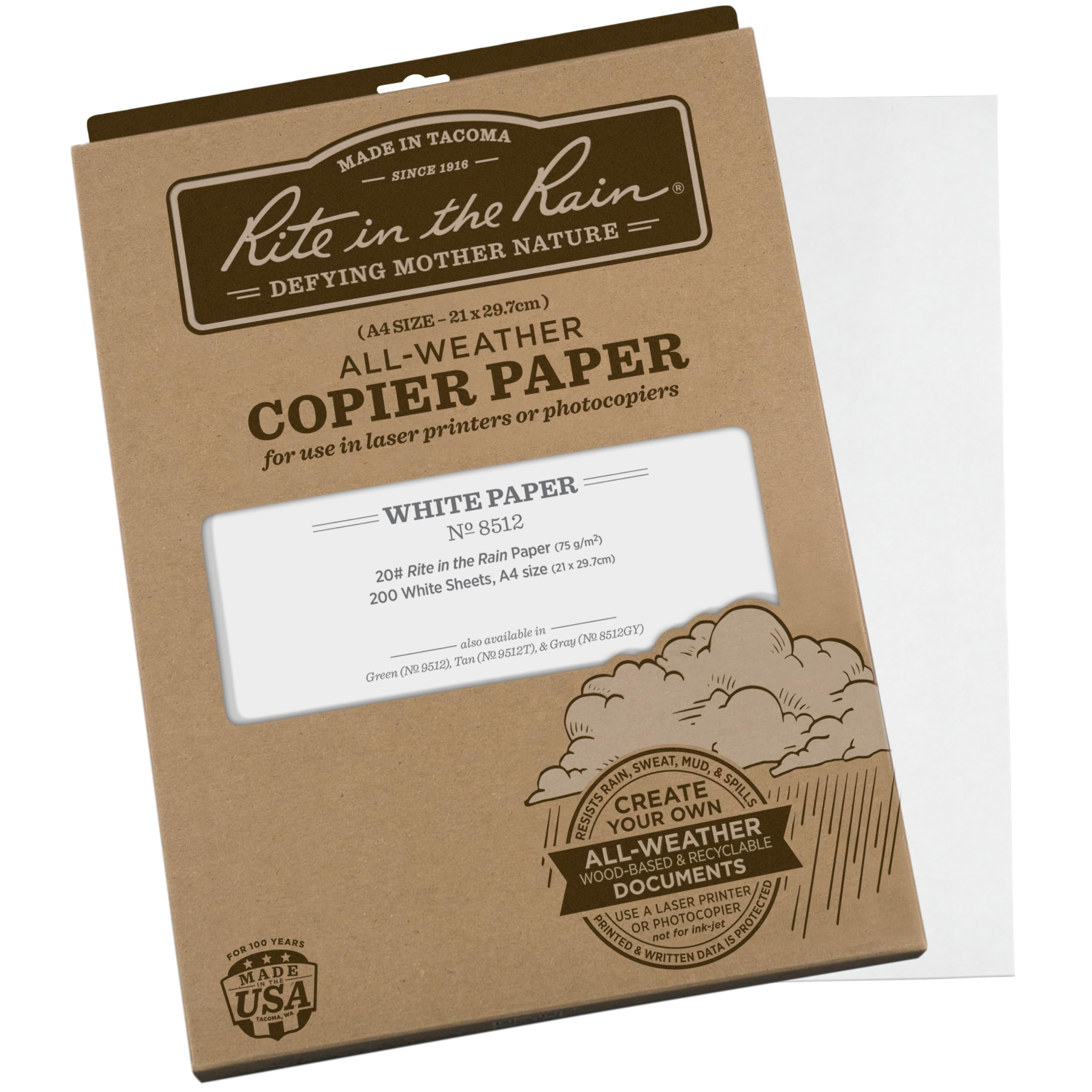 Rite In The Rain Weatherproof Laser Printer Paper, A4 Paper Size 21 x 29.7cm, 20# White, 200 Sheet Pack (No. 8512)