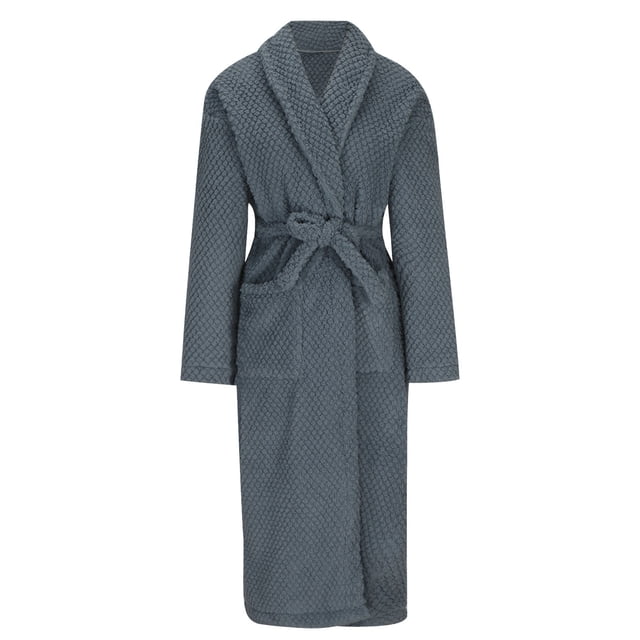 ShomPort Men's Fleece Pajamas Long Sleeve Open Front Textured Bathrobes Solid Color Fall Winter Warm Casual Robes with Pockets