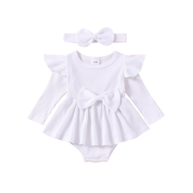 FOCUSNORM Tenue de Printemps pour Bébé Fille Nouveau-Né Robe à Manches Longues Col Rond avec Nœud et Bandeau Vêtements d'Automne pour Nourrisson