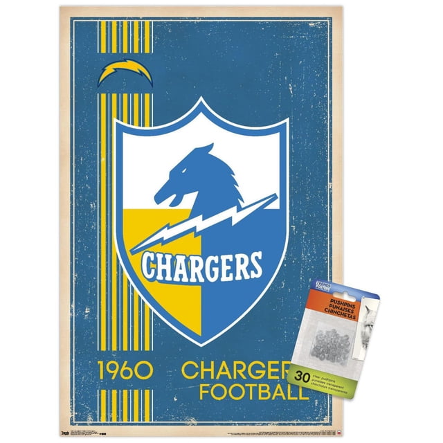 NFL Los Angeles Chargers - Affiche Murale Logo Rétro 17, 22,375 Pouces x 34 Pouces Mettant en Vedette un Logo vintage du Bouclier des Chargers avec une Tête de Cheval Bleue et un Éclair sur un Fond Bleu et Jaune Séparés, Toile de Fond Bleue Usée avec des Rayures Jaunes et le Texte « 1960 Chargers Football », Imprimée sur Papier d'Affiche Lustré avec une Bordure beige, Convient pour l'Art Mural dans les Chambres, Bureaux Ou Dortoirs, et Souvent