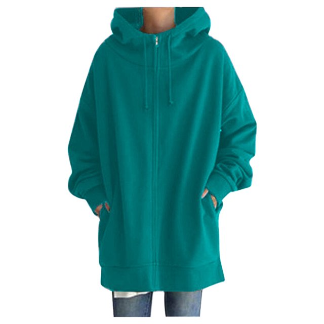 Bmisegm Chandail à Capuchon à Fermeture à Glissière Longline Doublé Uni Mode Urbaine pour Femmes, Veste Chandail Décontractée, Chandails pour Femmes Vert Menthe TTG