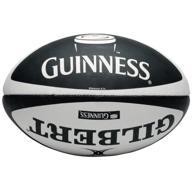 Guinness Ballon de Rugby Grand Gilbert avec un design Noir et Blanc, Mettant en Vedette la Marque Guinness et le logo Gilbert, Convient aux sports d'Équipe et à l'Entraînement de Rugby.