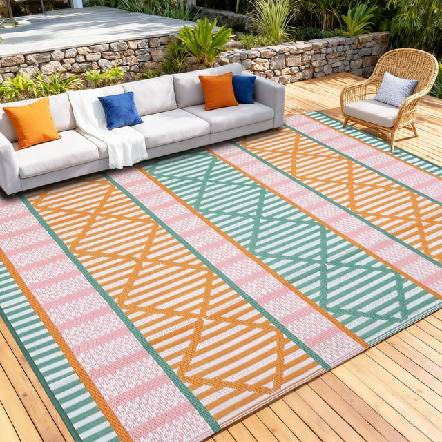 Garvee 8'x10' Outdoor Rug Waterproof Outdoor Patio Rug Mat, Reverisble Plastic Straw Outdoor Rug for RV Camping Picnic Beach Balcony, Colorful