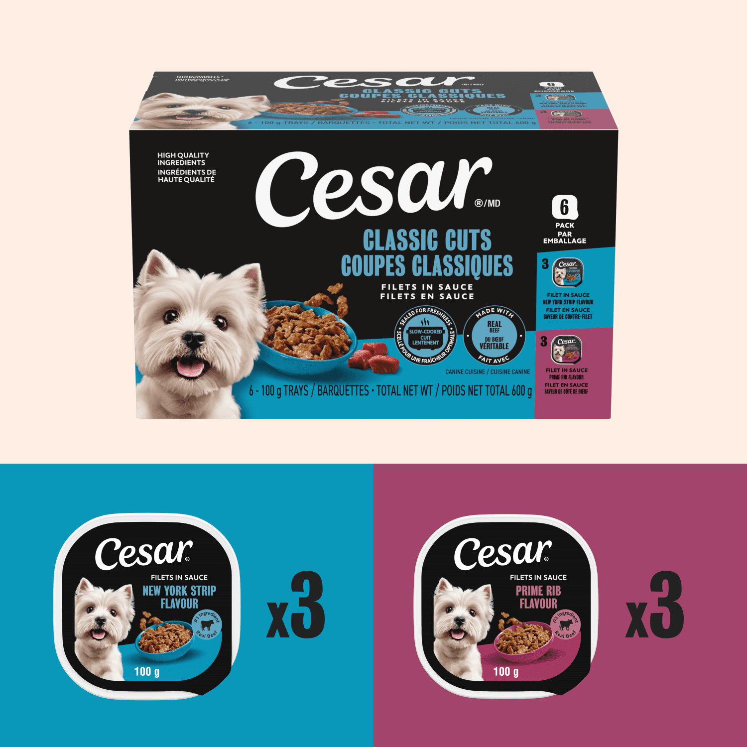 Nourriture humide pour chiens CESAR filets en sauce Paquet Varié 6x100g (saveur de contre-filet / saveur de côte de bœuf)