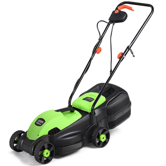 Costway 12 Amp 13-Inch Electric Push Lawn Corded Mower with Grass Bag in green. Features a 13-inch cutting deck, ergonomic curved handle, and 3 adjustable height settings (1.02, 1.61, and 2.20 inches). Includes a detachable 8-gallon grass collection bag and foldable handles for compact storage. Powered by a 1200W electric motor with a no-load speed of 3000 RPM. Designed with 5.5-inch wheels for easy maneuverability and close-to-edge cutting. Compact and lightweight at 15.5 lbs, suitable for small to medium lawns.